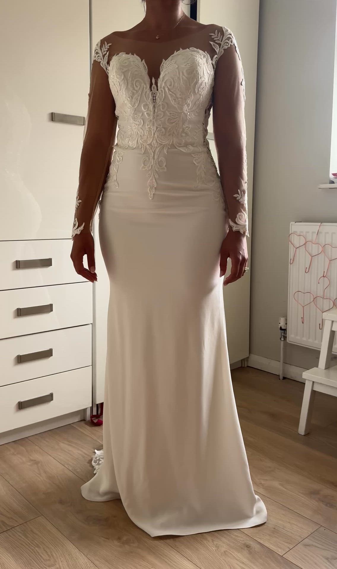 Ellis Bridals, Ivory Crepe Fit & Flare with Illusion Lace Sleeves