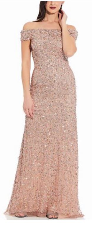 adrianna papell off shoulder sequin gown
