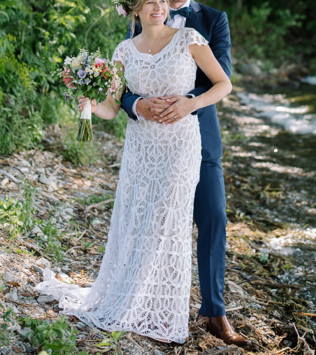 elegant white lace wedding dress Long Sleeve Boho Flowy Wedding Dress Lace A-Line V-Neck Beach Gown with Split Front and Sweep Train, Diamond White / 6