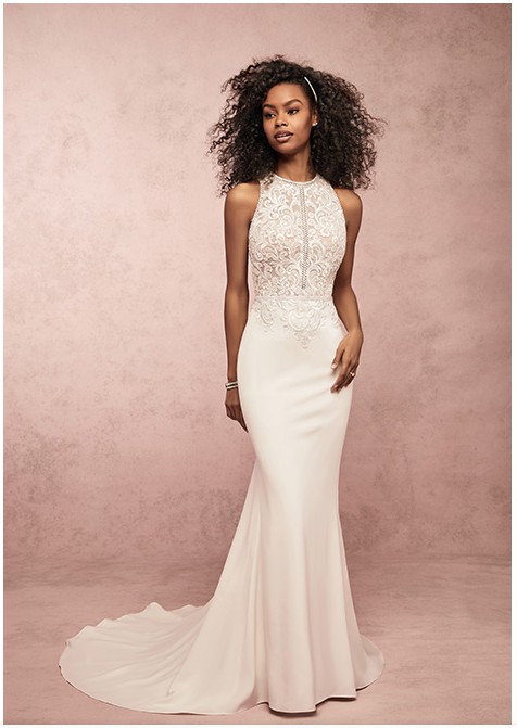 sheath fitted wedding dress Halter Sleeveless Silk Like Satin Sheath Fitted Wedding Dresses Split –  Dbrbridal main image 0