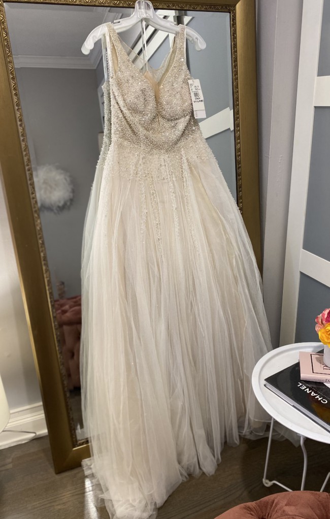 Galina Signature Beaded bodice plunging-v illusion wedding dress New