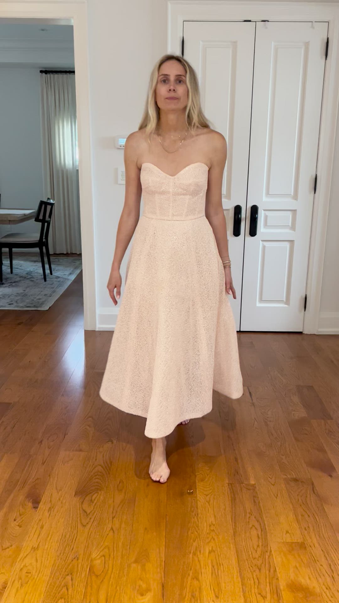 Monique Lhuillier, Embroidered Strapless Tea Length Dress