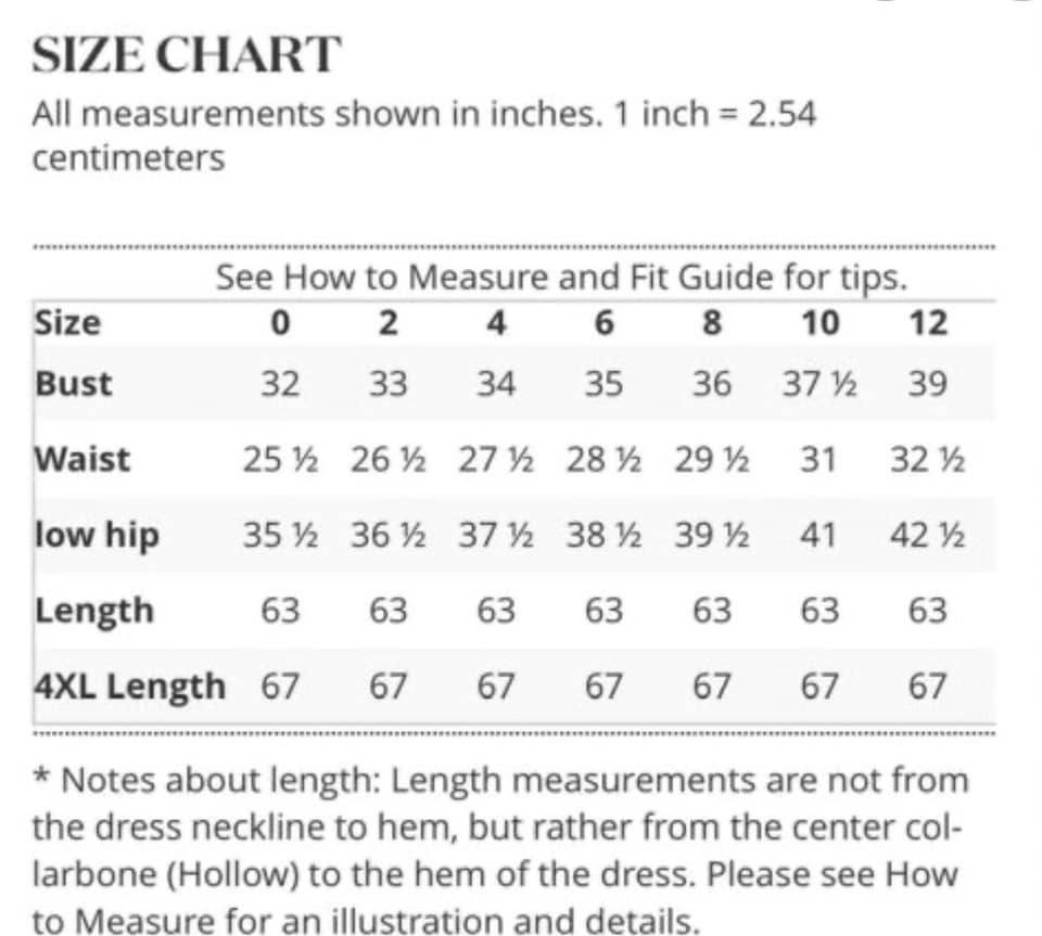 Vera Wang Dress Size Chart