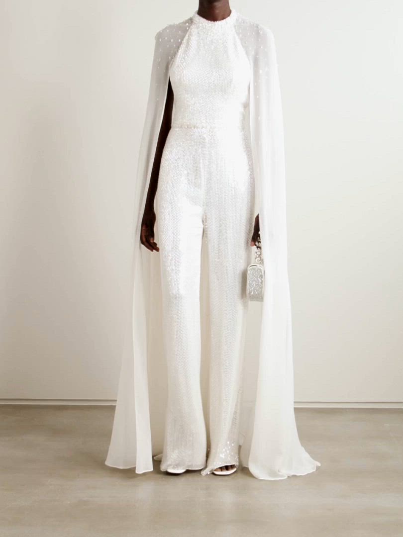Jenny Packham, Cape-effect sequined chiffon jumpsuit