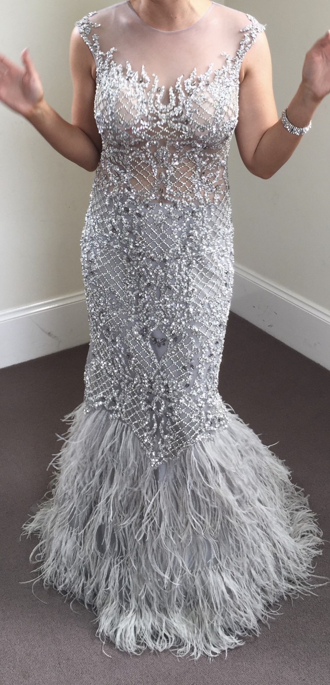 Terani Couture Feather  embellished Mermaid Gown Used 