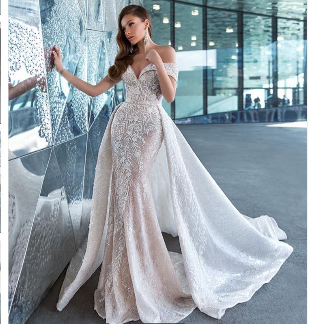 chinese dress ladies Charming Crew Neck Lace Appliques Mermaid Wedding Bridal Gowns with Detachable  Train – Ballbella main image 1