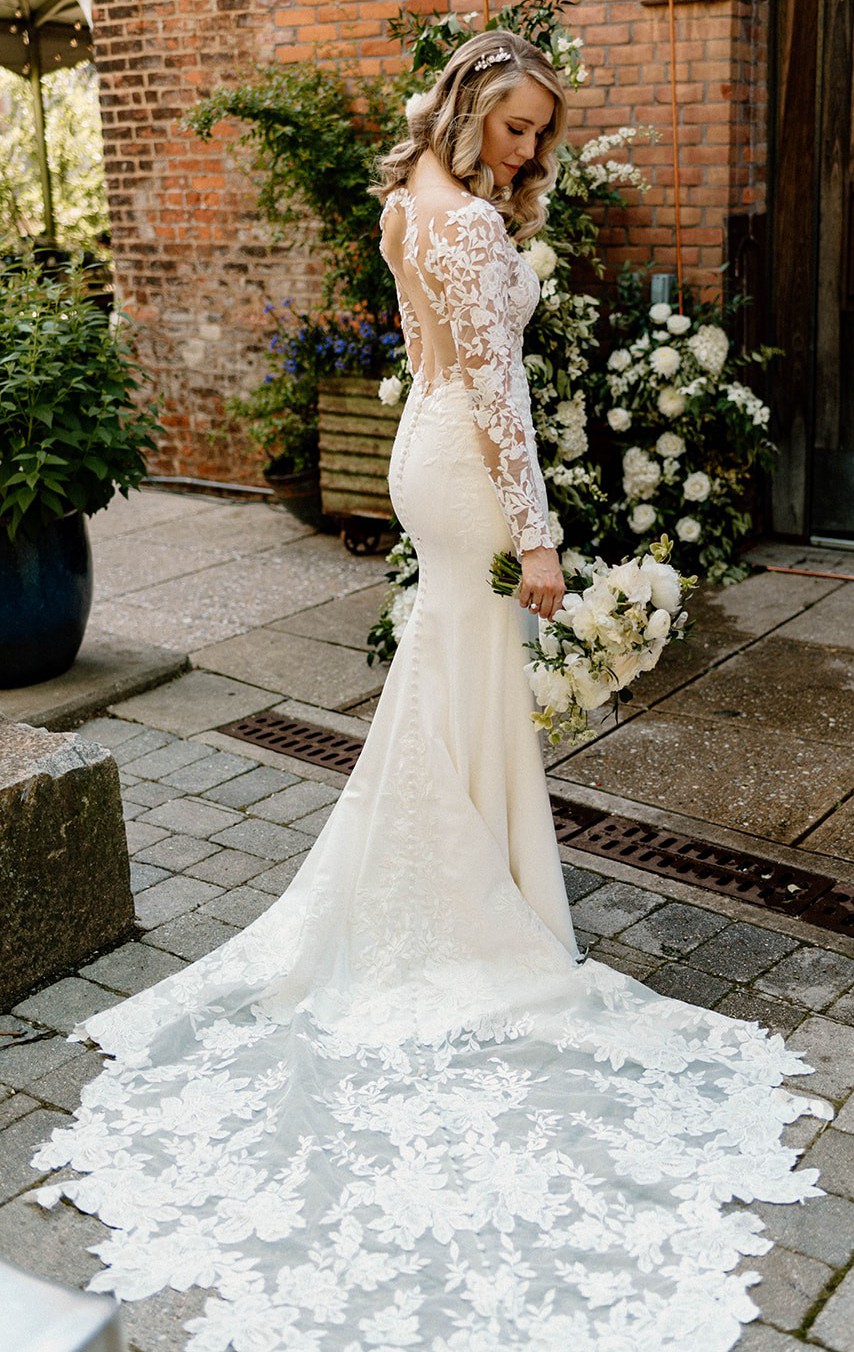 Sexy Lace Wedding Dress with Sheer Bodice and Long Sleeves