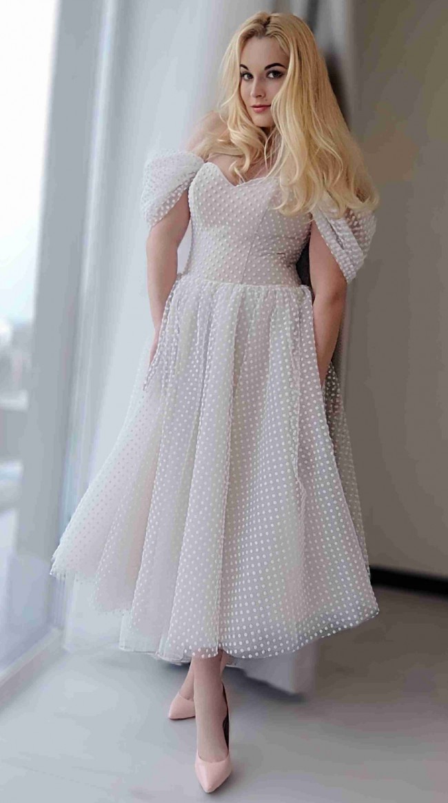Yaroslavska Dresses Midi tea length polka dot tulle nude wedding dress