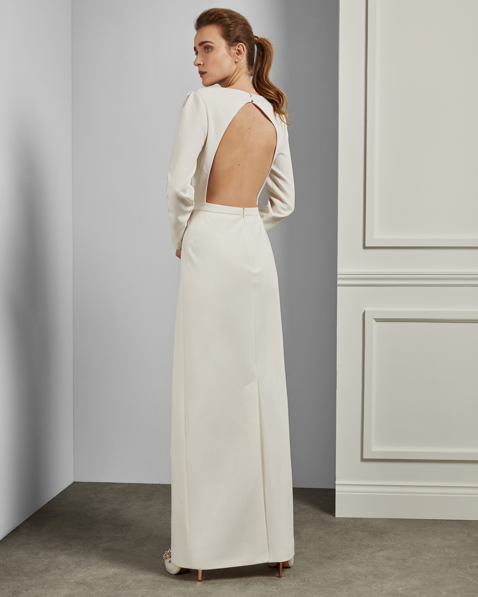 white dress ruffle sleeves Confête - Odette Ruffle Mock Neck Tiered Midi Engagement Photos Dress main image 1