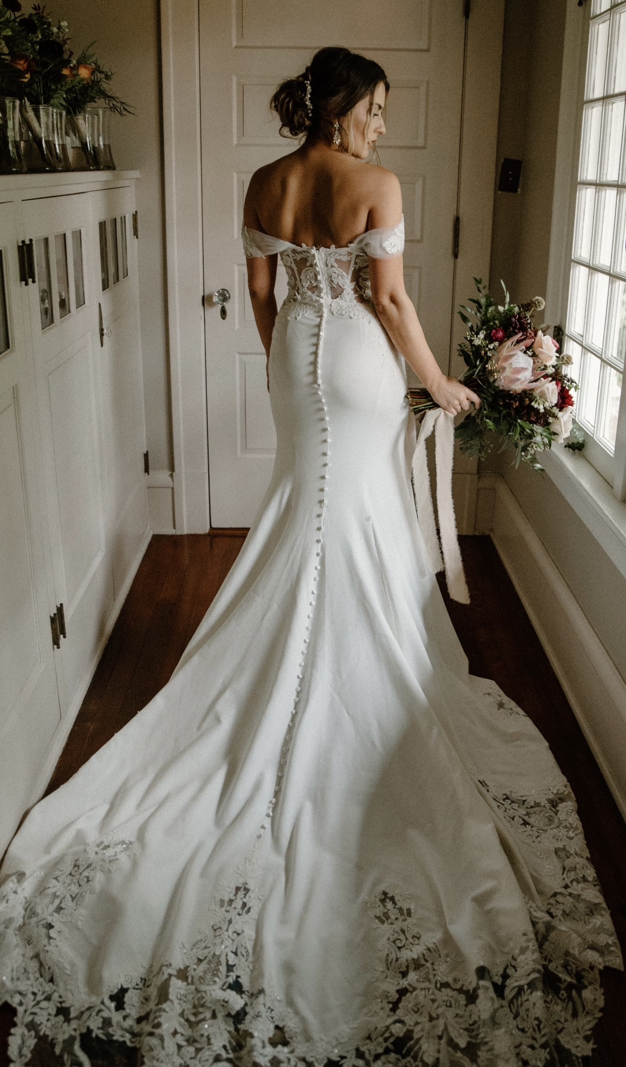 Lace Off the Shoulder Fitted Crepe Wedding Dress  Allure bridal, Allure  wedding dresses, Crepe wedding dress