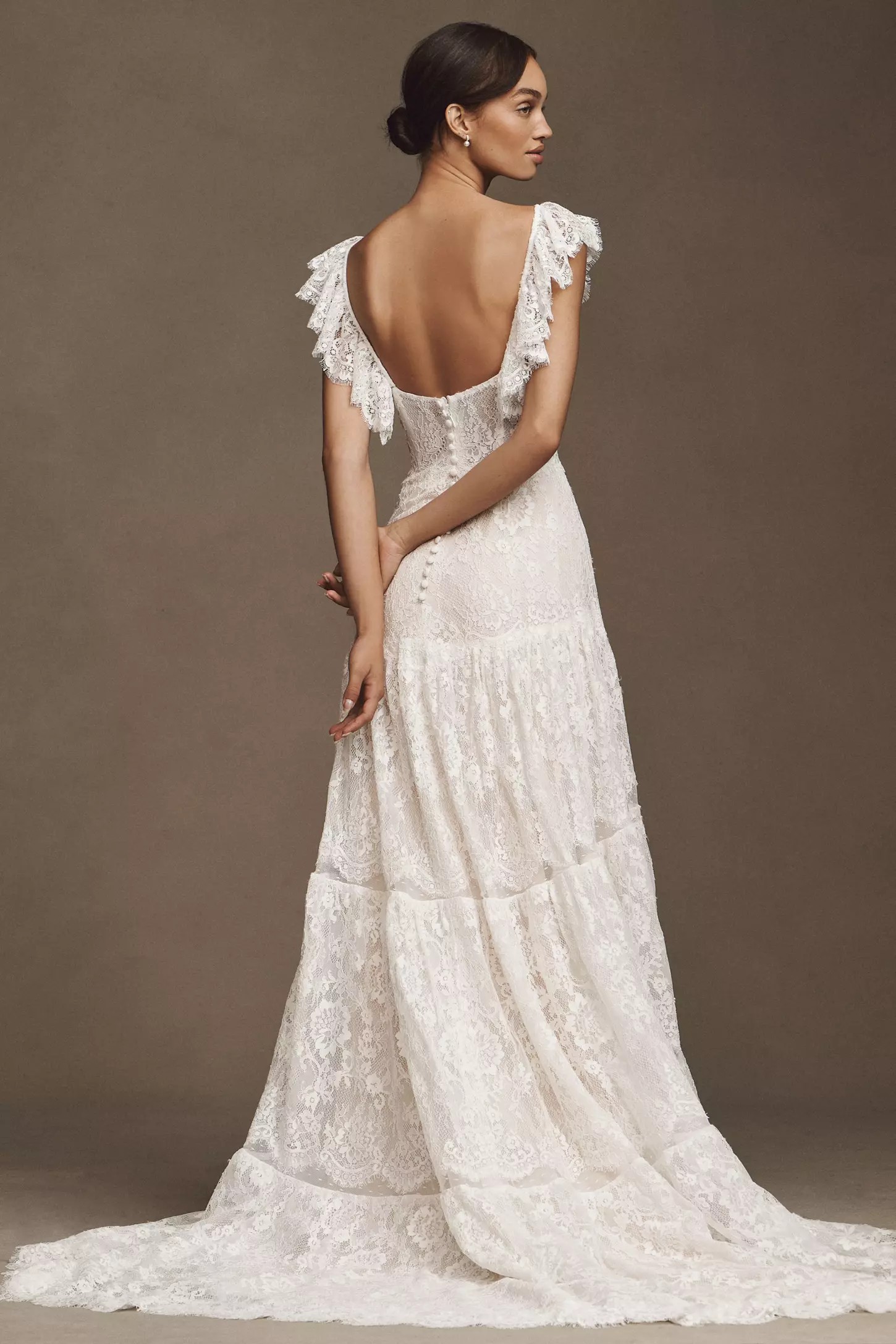 a line tiered wedding dress Puffy Pleating Tulle V-neck Tiered A-line Designer Wedding Dresses, CW –  clover sew main image 1