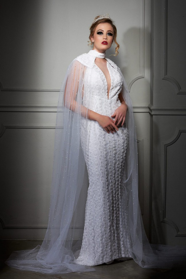 Maison Estrella Italian lace wedding dress with Pearls & SILK tull