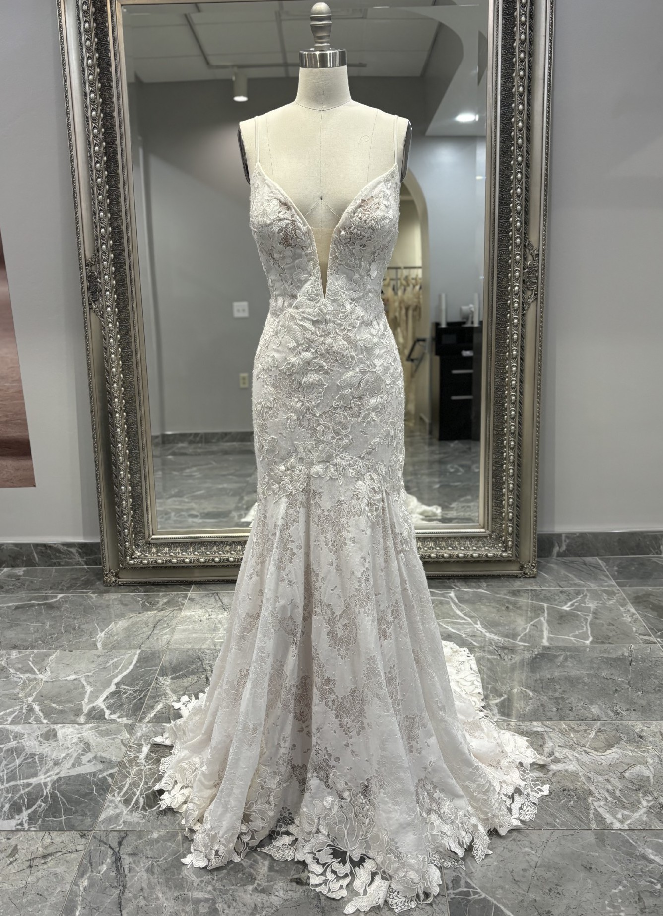 Floral Lace Ballgown Wedding Dress with Plunging V-Neckline - Essense of  Australia Wedding Dresses