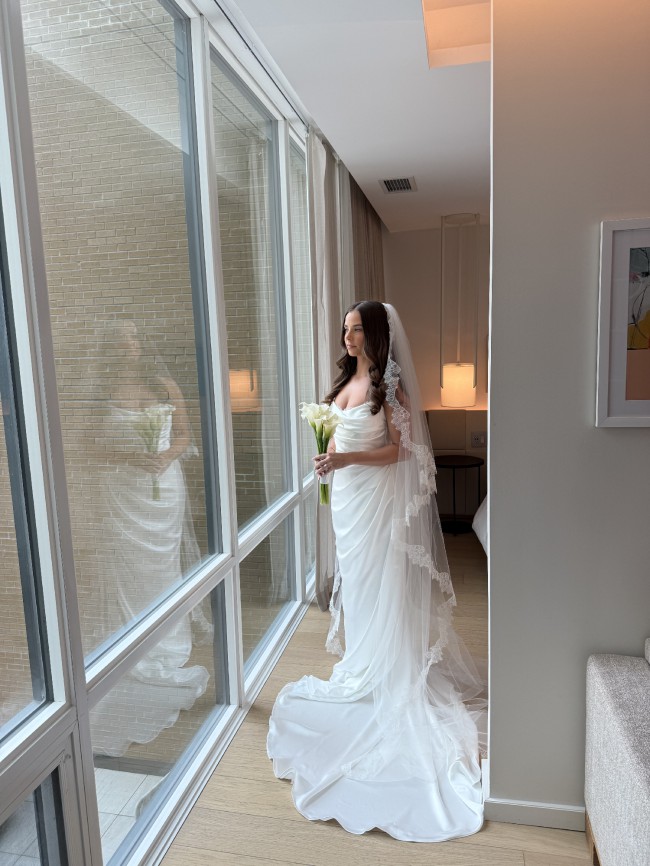 a line dress with sash Simple Satin Long A Line Wedding Dresses With Organza Sashes – TANYA BRIDAL main image 0