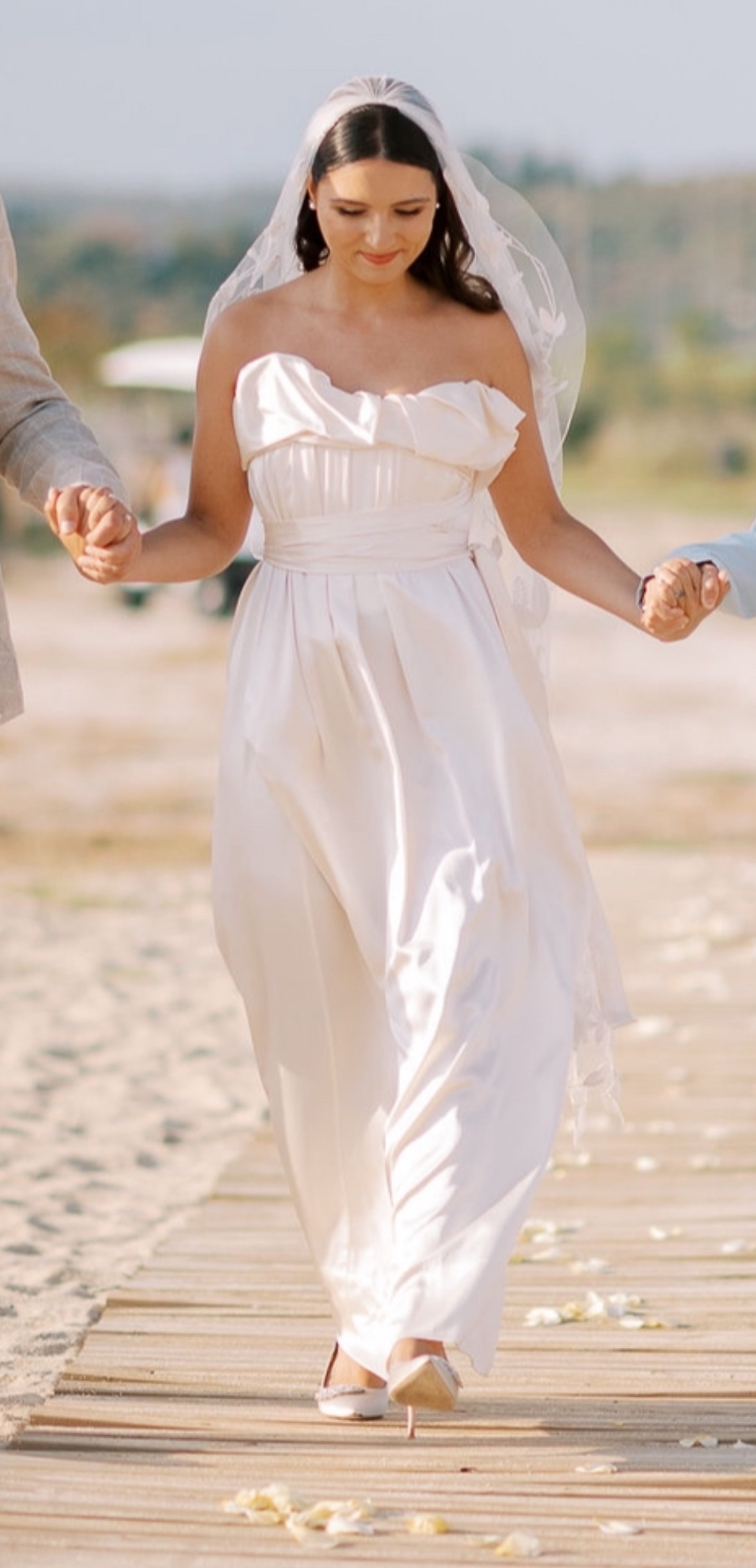 plunging v neck dress Sheer-Sleeved Deep V-Neck Wedding Dress with Floral Accents and Graceful Train Custom Made