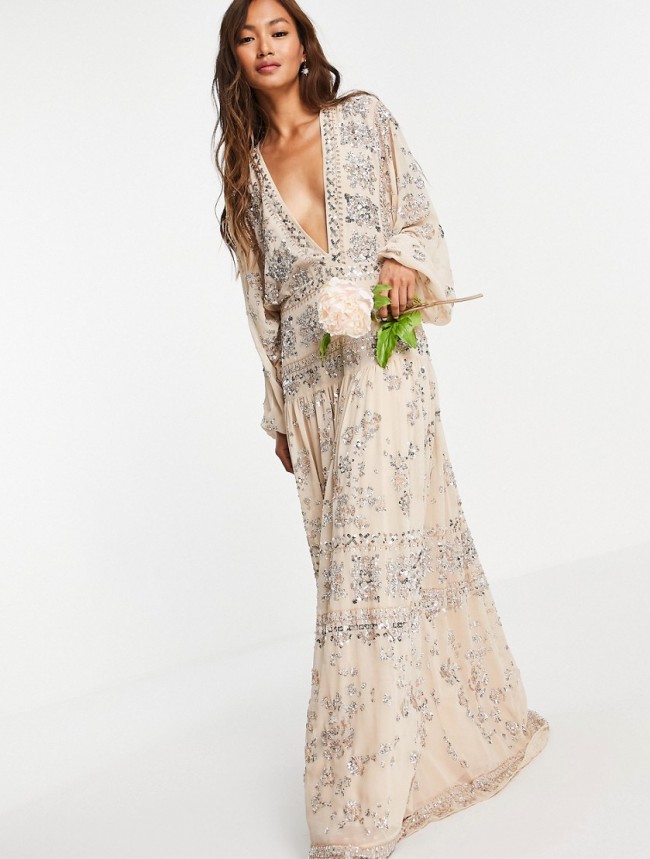 chinese dress ladies Rent ASOS DESIGN Allover Sequin Cup Detail Maxi Dress With Lace Waist  Detail In Blue
