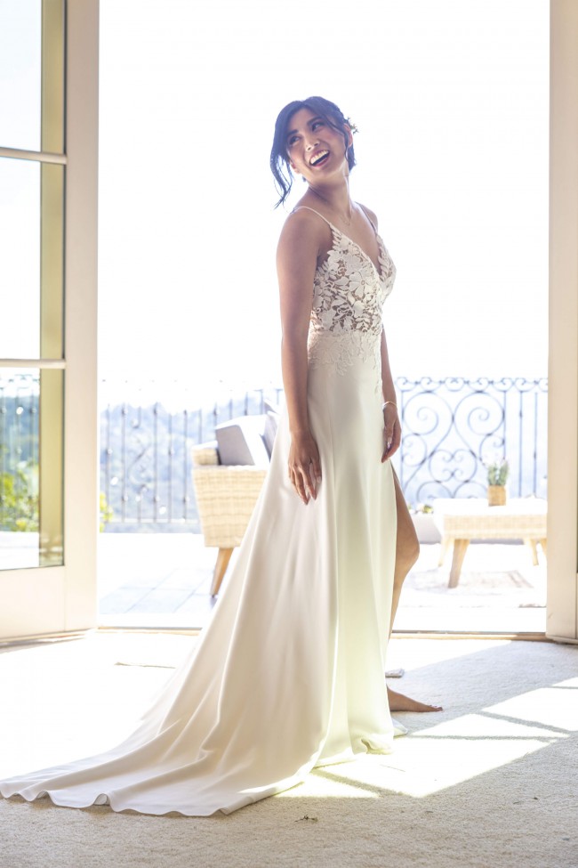 Mikaella Bridal 2208 dress with slit, includes single layer veil