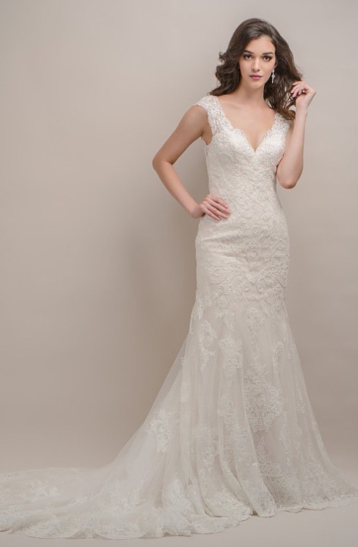 champagne wedding dress with white lace overlay