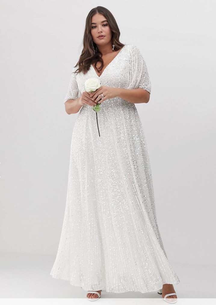 ASOS Bridal Curve sleeve sequin maxi wedding dress Wedding - Stillwhite
