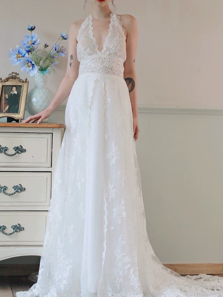 navy blue dress for baby girl A-line V Neck Sweep Train Jacquard Wedding Dress with Pockets S3096W - Wedding  Dresses main image 1