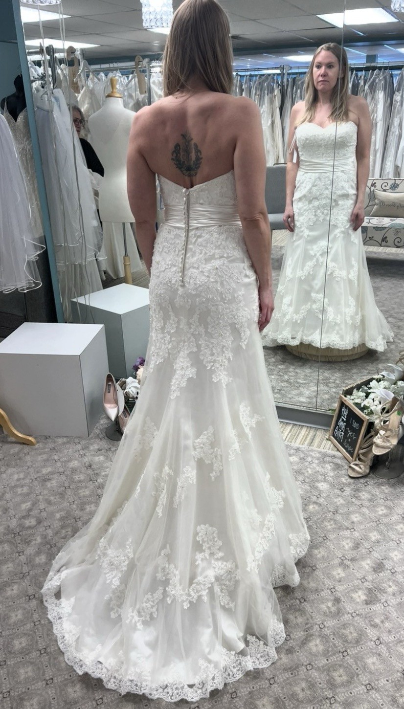 slim fit dress slacks Lace Fit & Flare Wedding Dress with Off-Shoulder Sleeves – Lotus Threads  Bridal main image 0