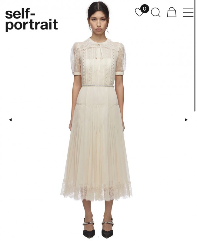 Self Portrait Cream Lace Trim Pleated Midi Dress