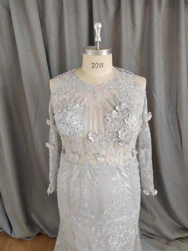 Custom Gown Platinum grey long sleeve plus size wedding gown