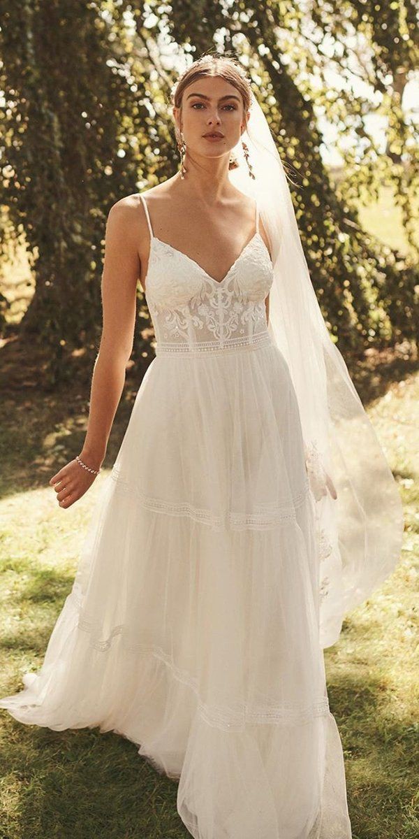 David's Bridal Corset Tiered Chiffon A-Line Petite Wedding Dress