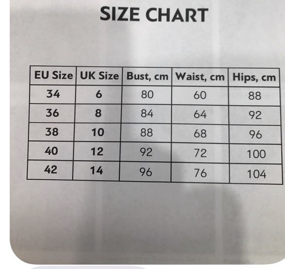 Milla Nova Size Chart