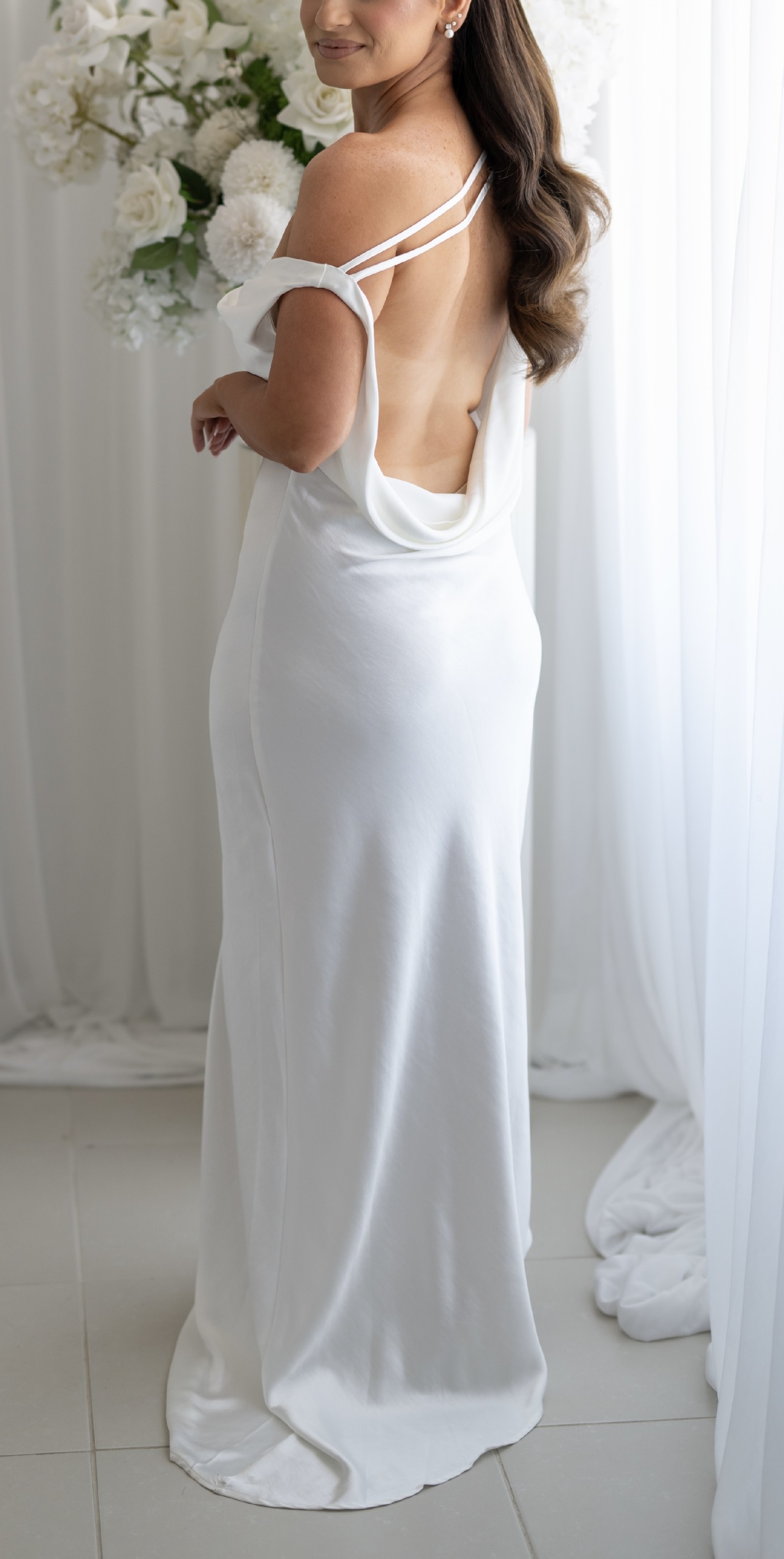 slip maxi dress with asymmetrical hem Meshki, Yvette - Whi Wedding Dress Save 50% Size:US10 - Preorder Cocktail Party summer sewing pattern Elegant White Off-the-Shoulder Long