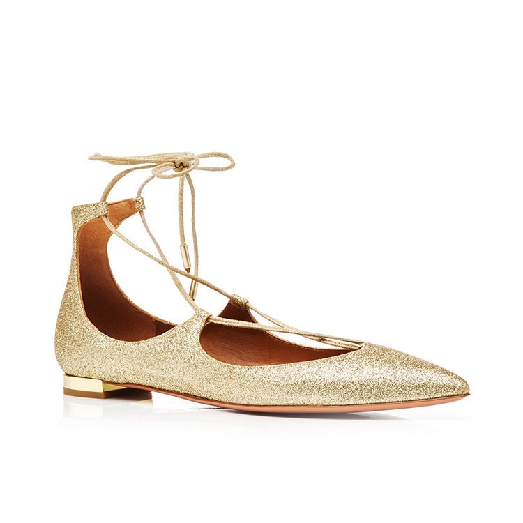 Aquazzura Christy Sparkle Lace Up Pointed Toe Flat Aquazzura Christy Sparkle Lace Up Pointed Toe Flat