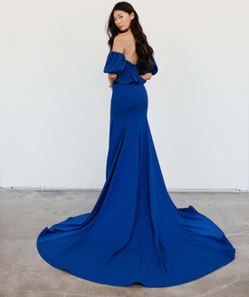 slim fit dress slacks Royal Blue Plunging Neck Sweep Train Lace Prom Dress, Royal Blue / 10