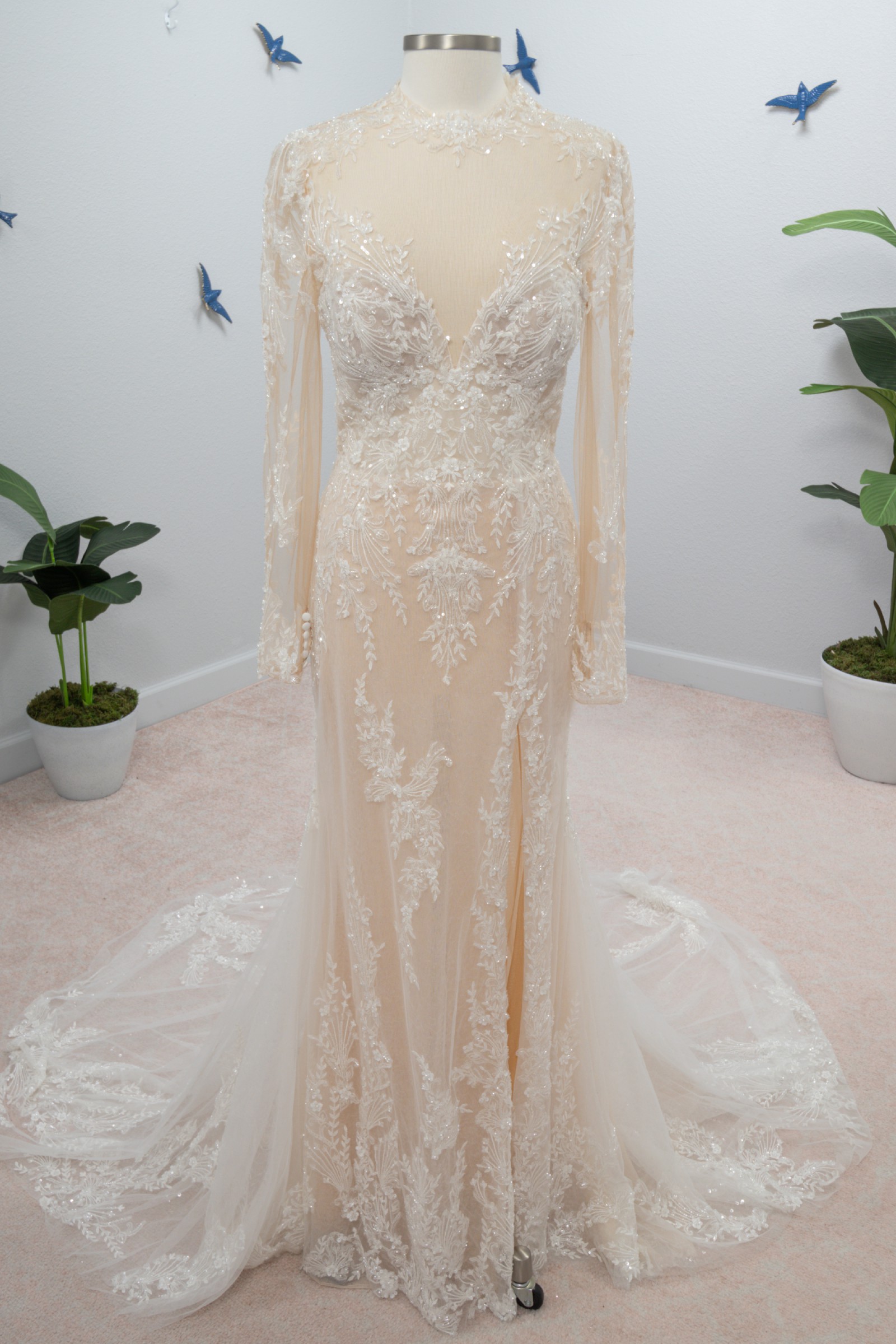 lace applique sheer dress Tulle Sheer Neck Wedding Dress With Lace Appliques MW917 main image 1