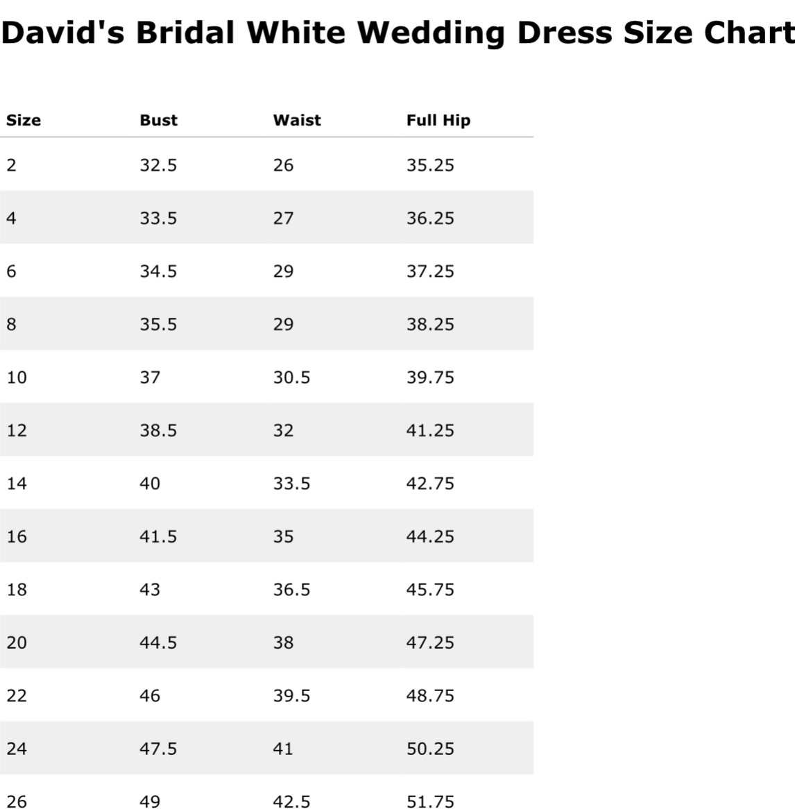 David s Bridal Dress Size Chart