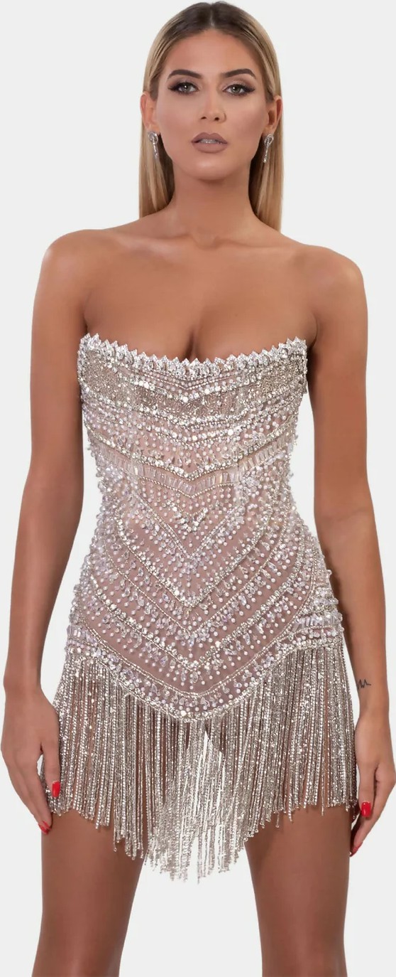 albina dyla bella silver beaded tassel dress ALBINA DYLA SWAROVSKI DIAMOND TASSEL DRESS main image 0