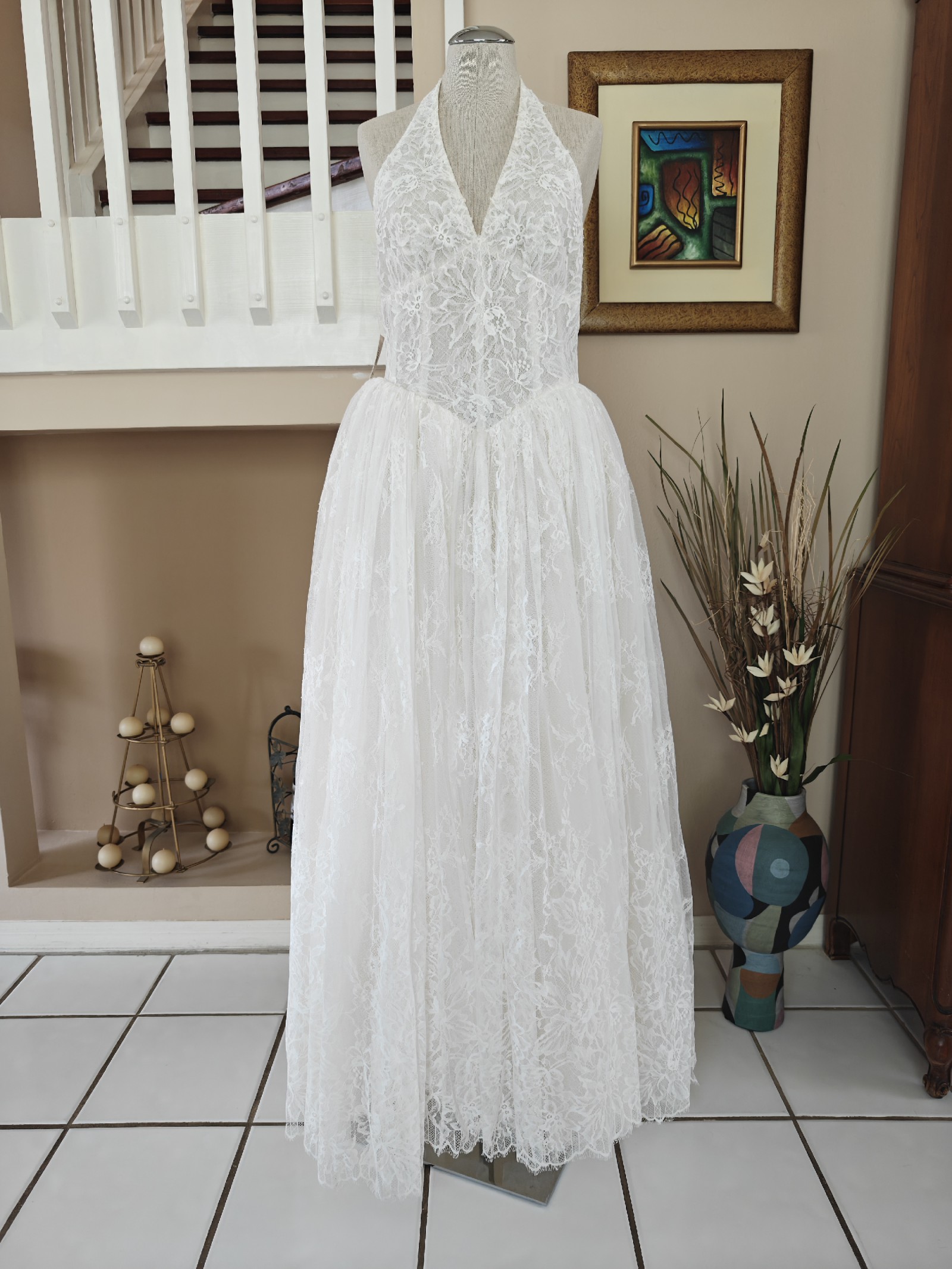 beaded halter swing dress Long Beaded Halter Formal Dress with Plunging V-Neck main image 0