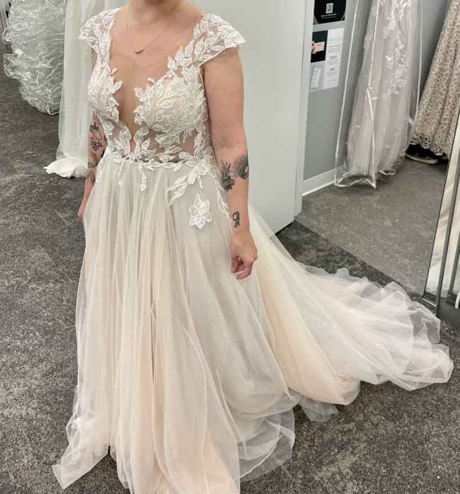 Galina Signature illusion plunge lace appliqued wedding dress  STYL