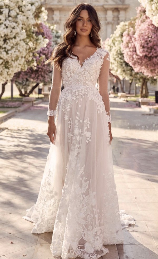 lace illusion cap sleeve ball gown wedding dress A-Line Wedding Dress with Cap Sleeves & Illusion Boat Neckline main image 0