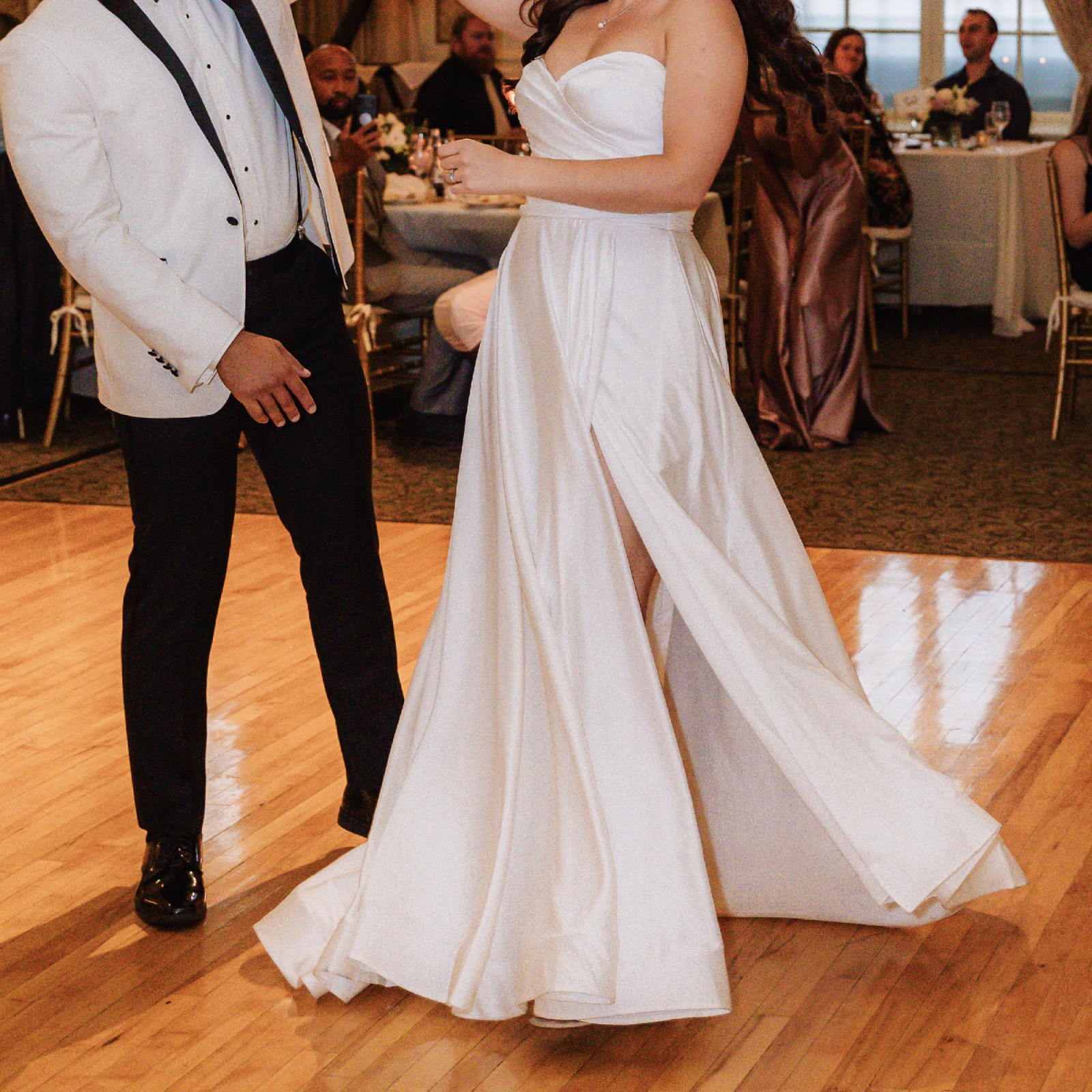 La Femme, White Satin Slit Ballgown Wedding Dress Save 40% - Stillwhite
