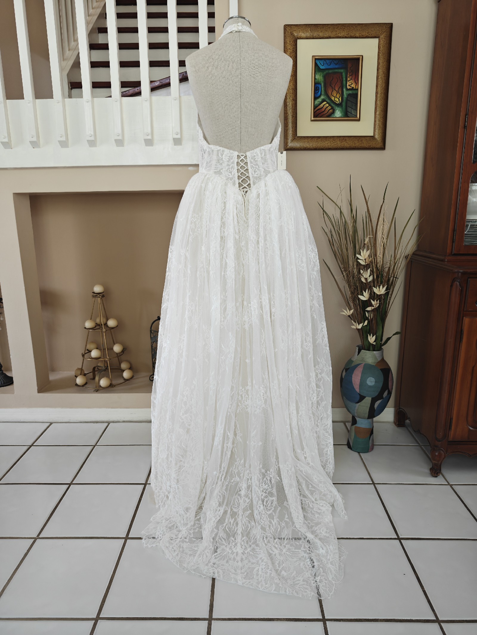 lace high low dress with sleeves Bohemian Lace Top Two Pieces Long Sleeves High Low Wedding Dresses, MW571