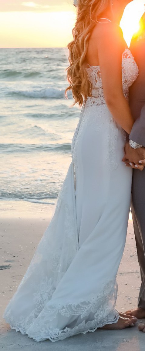 Galina Signature Sheer Beaded Bodice Lace Wedding Dress (SV830) Used