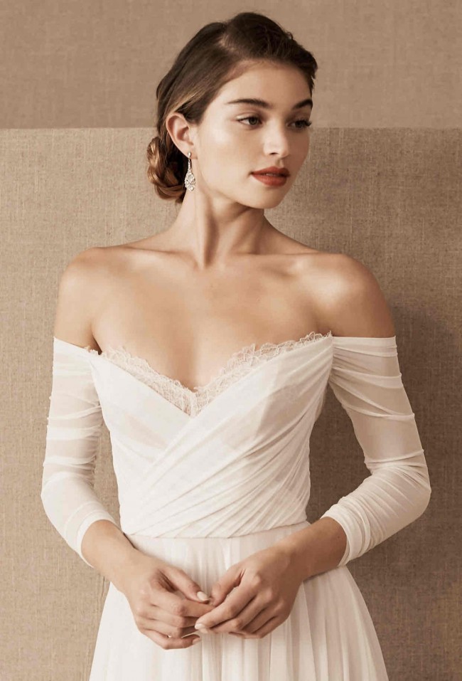 Wtoo Miles V-Neck Ruched-Sleeve Mesh Wedding Gown