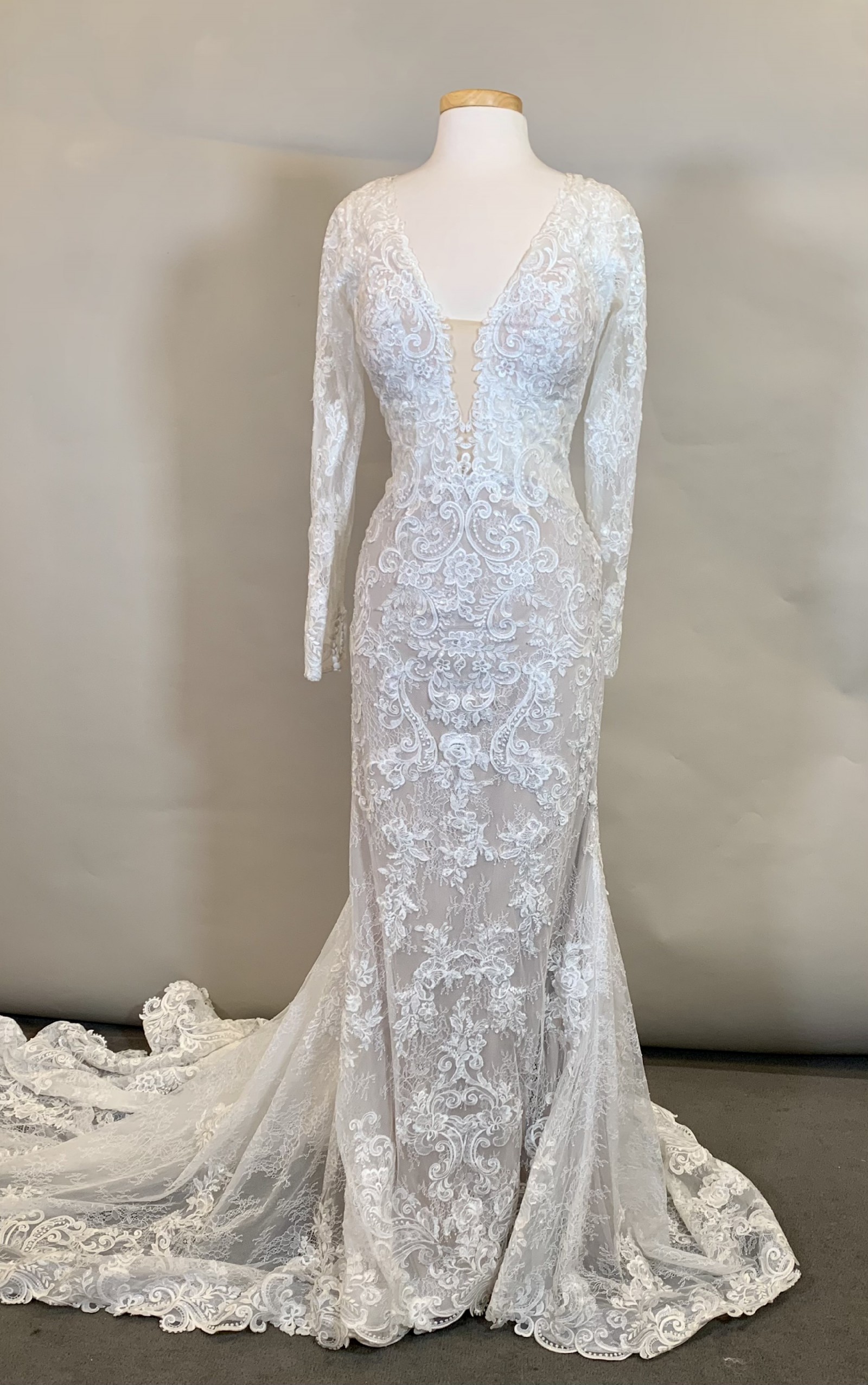 Sheer Floral Lace Wedding Dress with Long Sleeves - Essense of