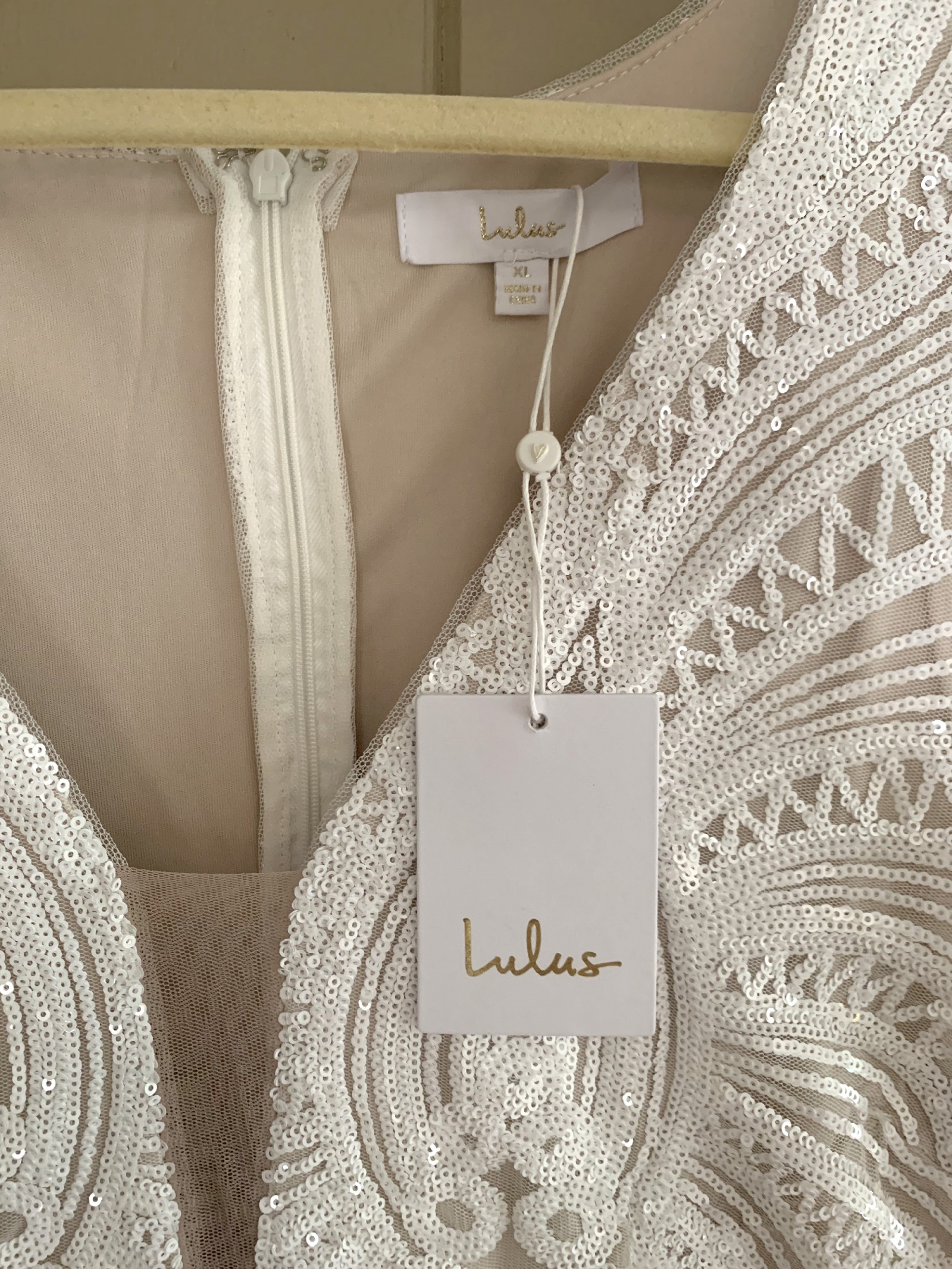 Lulus, Splendorous Love White and Beige Sequin Trumpet He New Wedding Dress  Save 20%