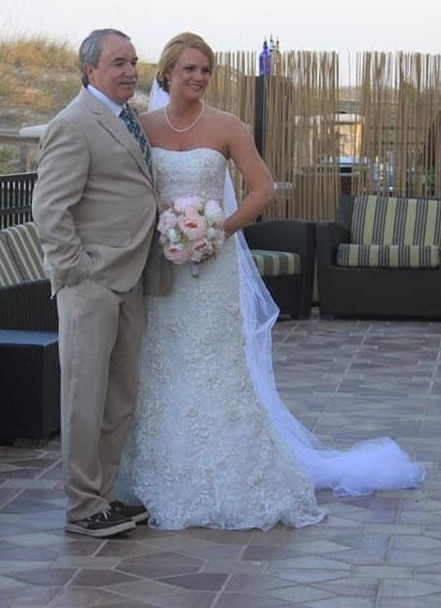oleg cassini subtle pink 3d floral wedding dress Floral Wedding Dress: Pink Tulle Gown With 3D Flowers and Long Sleeves  (size M)
