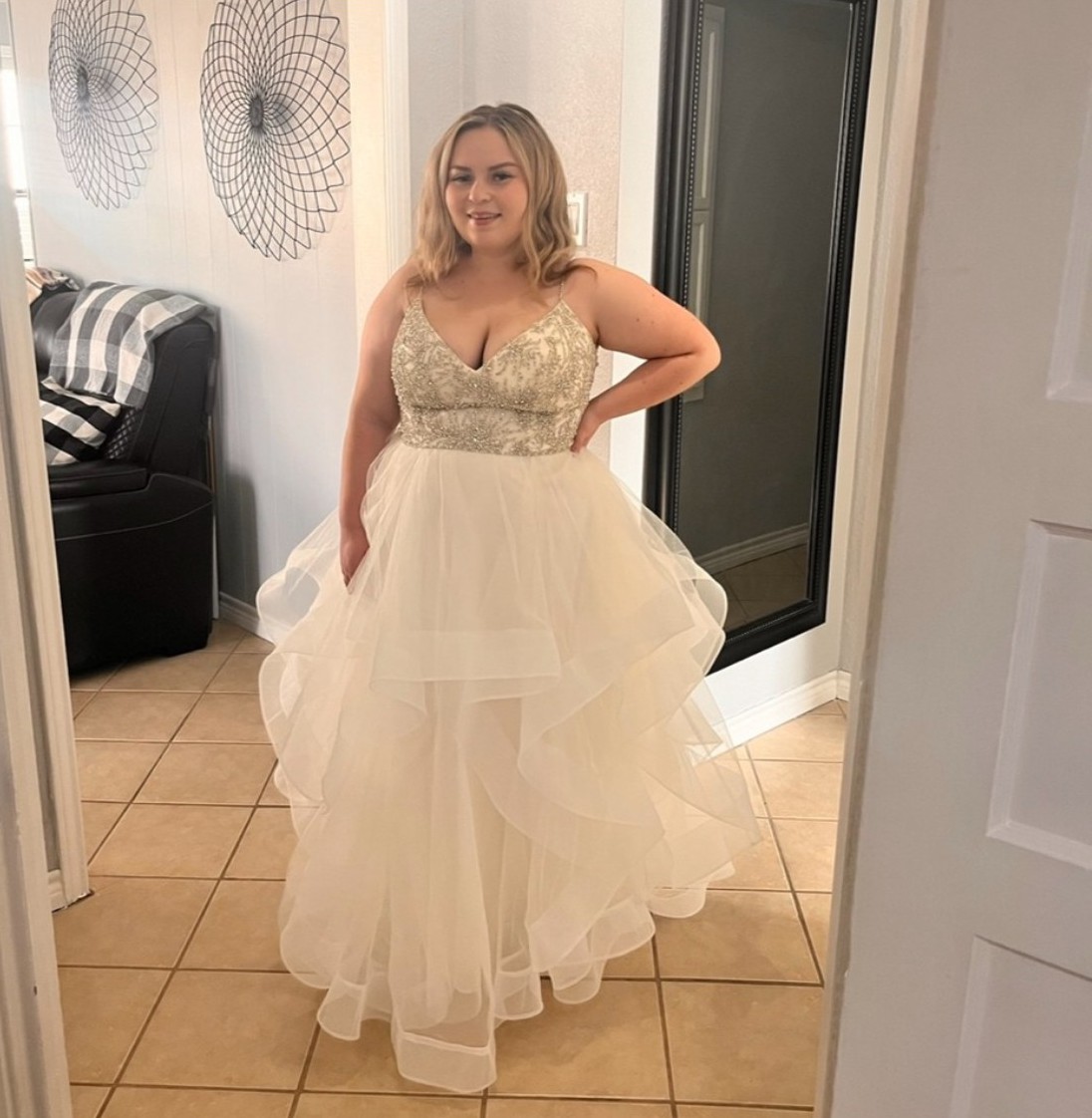 beaded bodice with tiered skirt wedding dress Adrianna Papell One Shoulder Beaded Gown - Blush main image 1