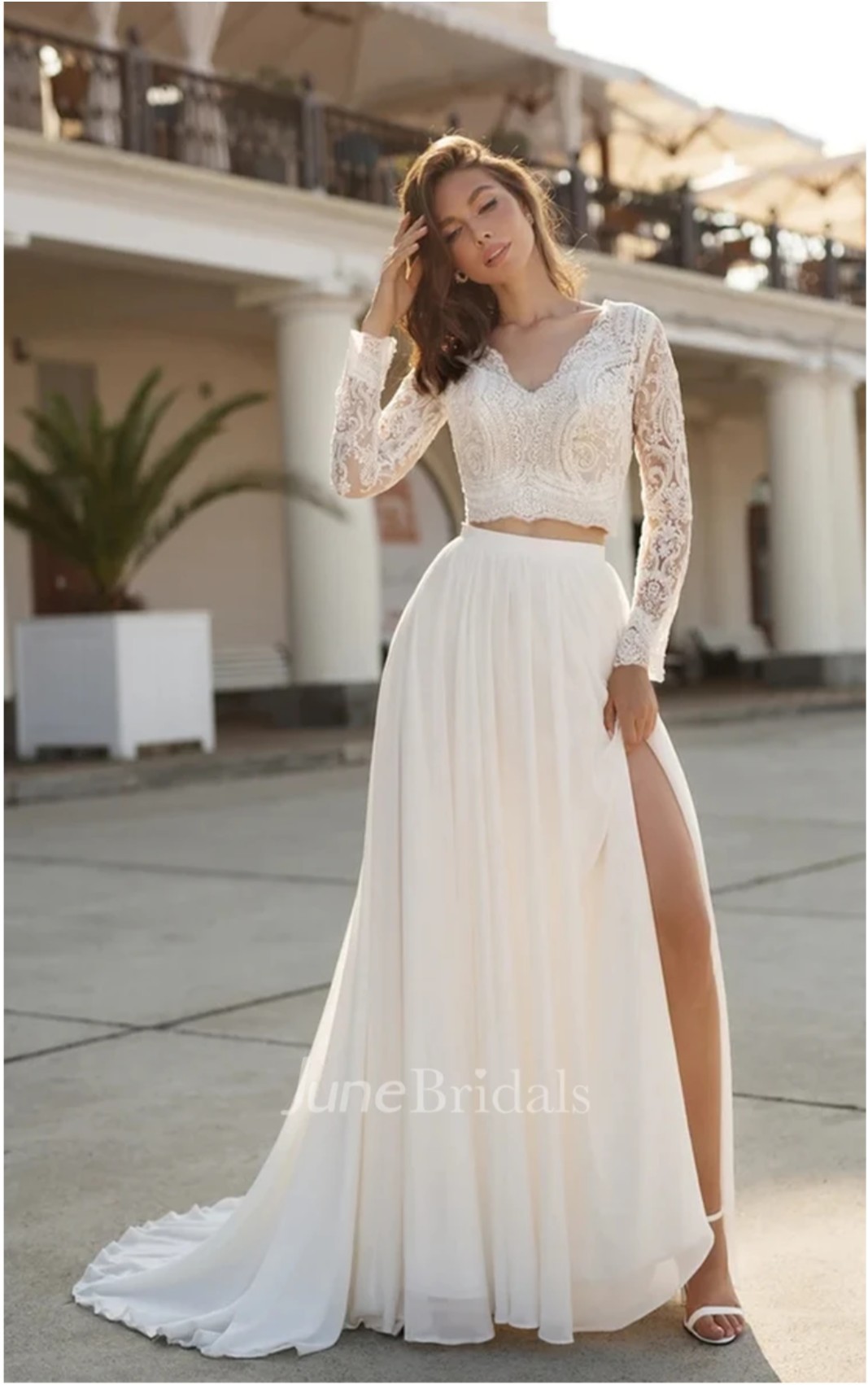two piece boho bridesmaid dresses Boho Two Pieces Round Neck Lace Beach Wedding Dress, SW413 main image 0