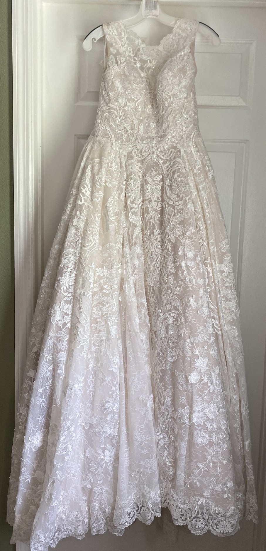 Oleg Cassini, Beaded Lace Wedding Dress with Pleated Skirt Wedding Dress -  Stillwhite