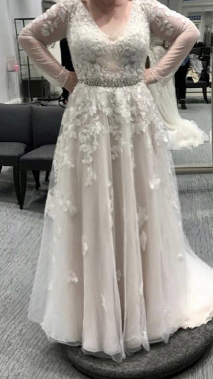 Illusion sleeve plunging ball gown hot sale wedding dress