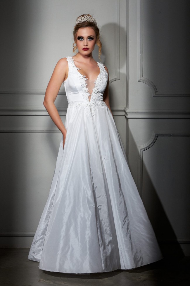 Maison Estrella A-line ivory Silk Mikado wedding dress with Deep P